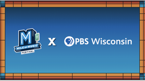 Blue banner with Mile of Music Festival logo and PBS Wisconsin logo.